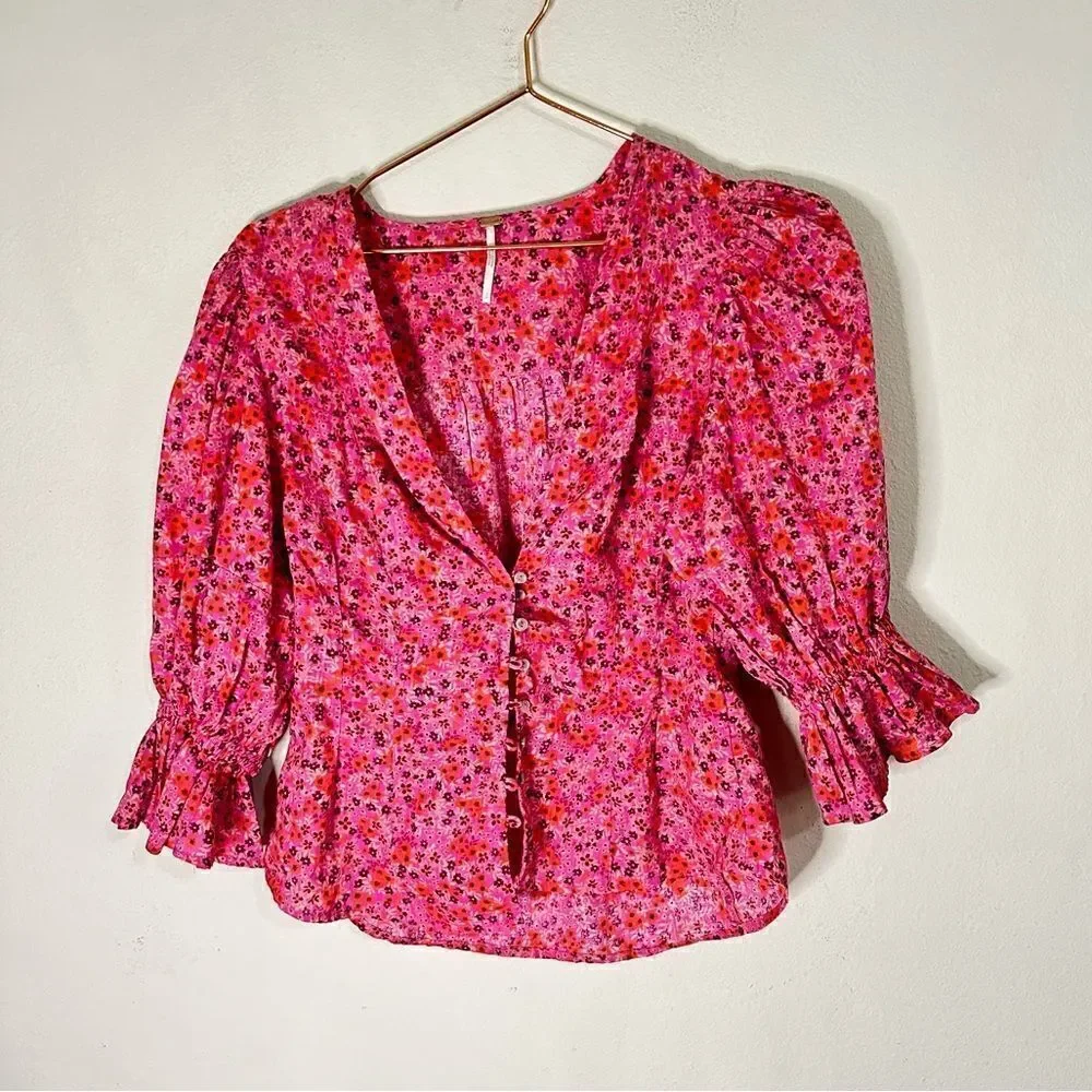 NWOT Free People I Found You Pink Floral Puff Sleeved Top Small